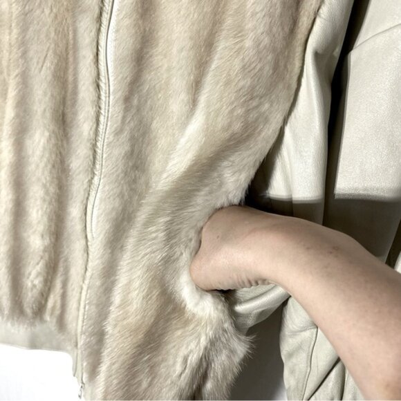 Vintage Oversized Beige Leather Tan Fur zip Front Jacket Coat XXL - Picture 13 of 16